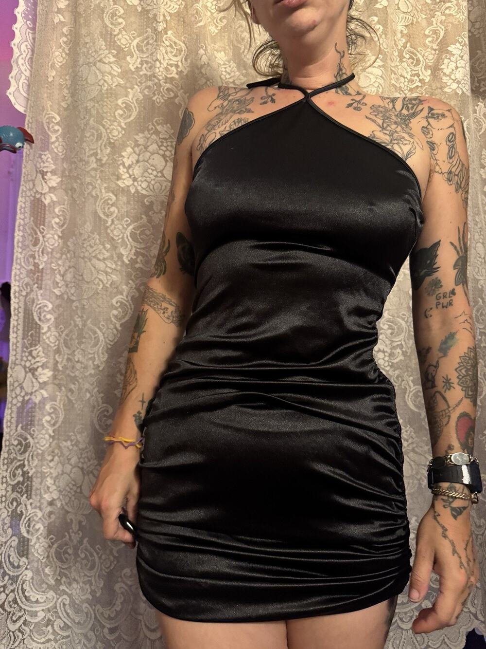 Bear Dance Dress Women's Size Medium Sexy Black Satin Mini